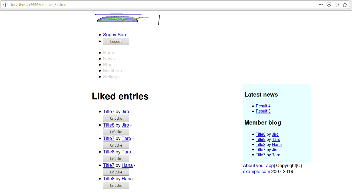 Screen shot of like entries index
